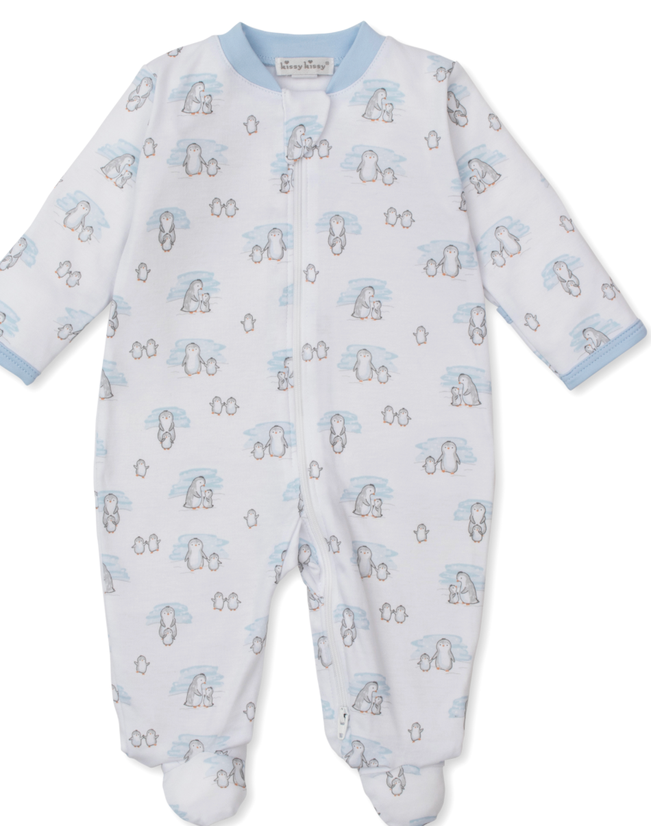 Kissy Kissy Blue Penguins Zip Footie