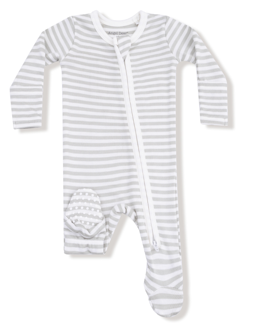 Grey/ White Striped Ribbed 2 Way Zipper Footie