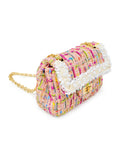 Classic Tweed Handbag with Pearls: Blue