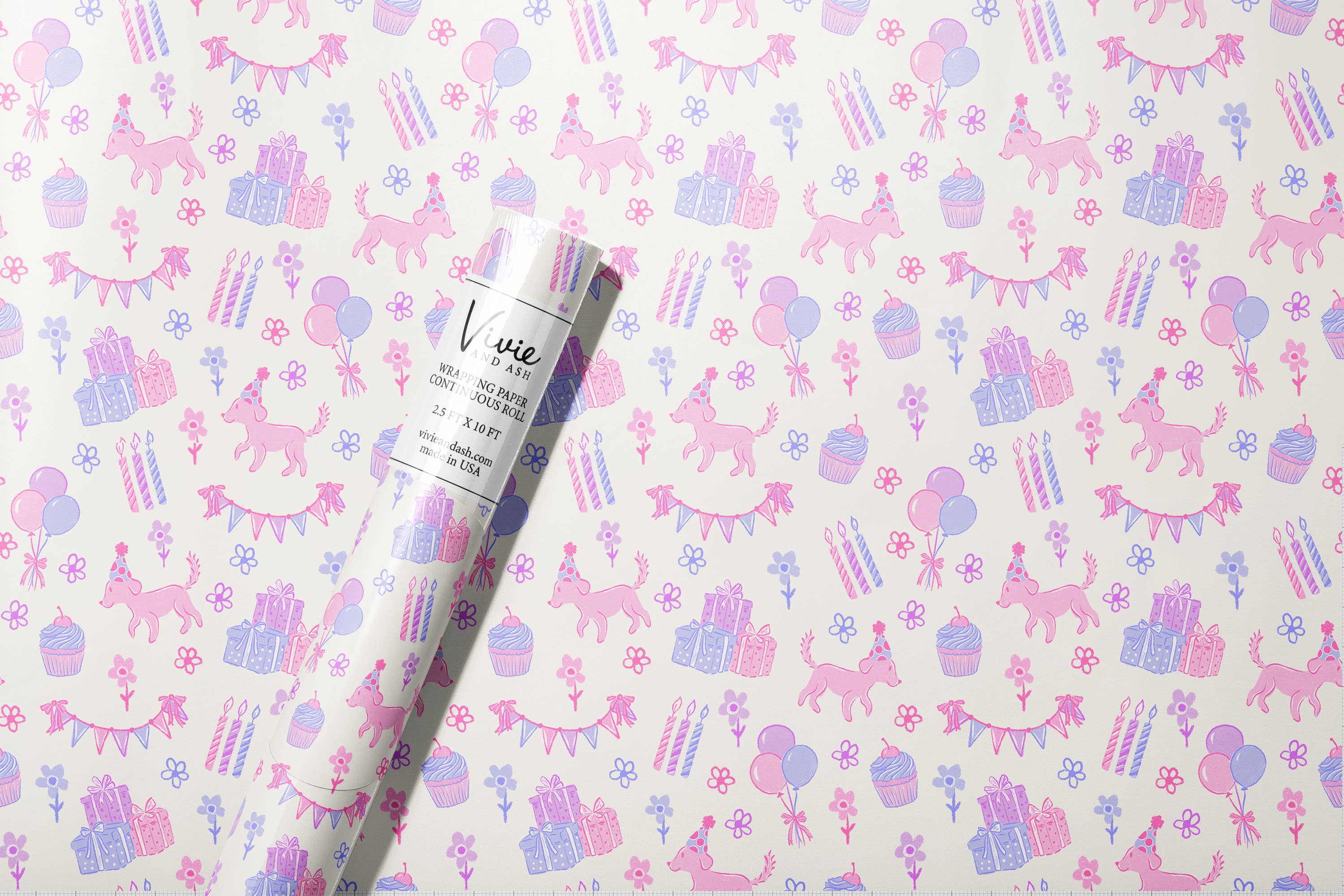 Pink Puppy Birthday Floral Wrapping Paper Roll 