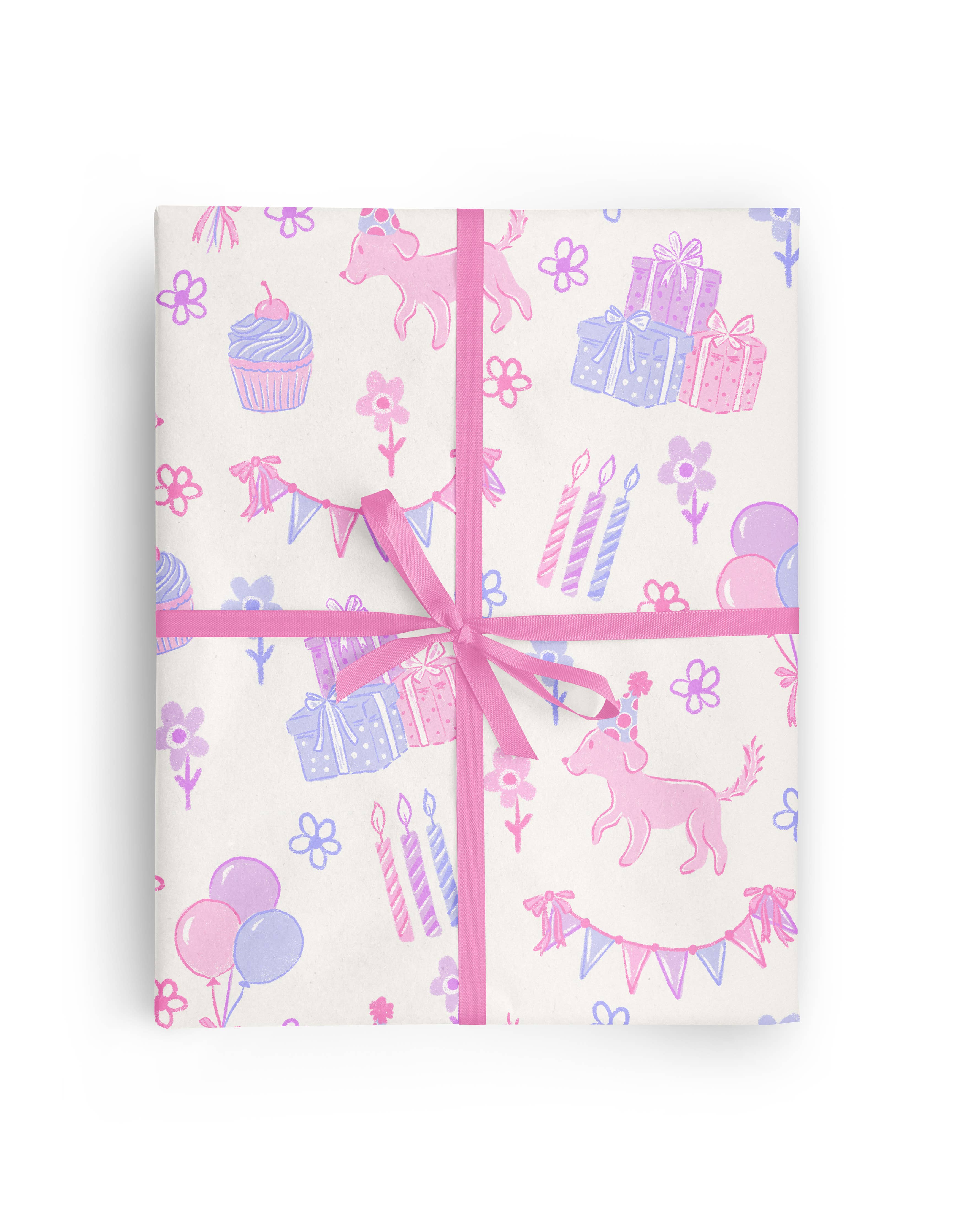 Pink Puppy Birthday Floral Wrapping Paper Roll 