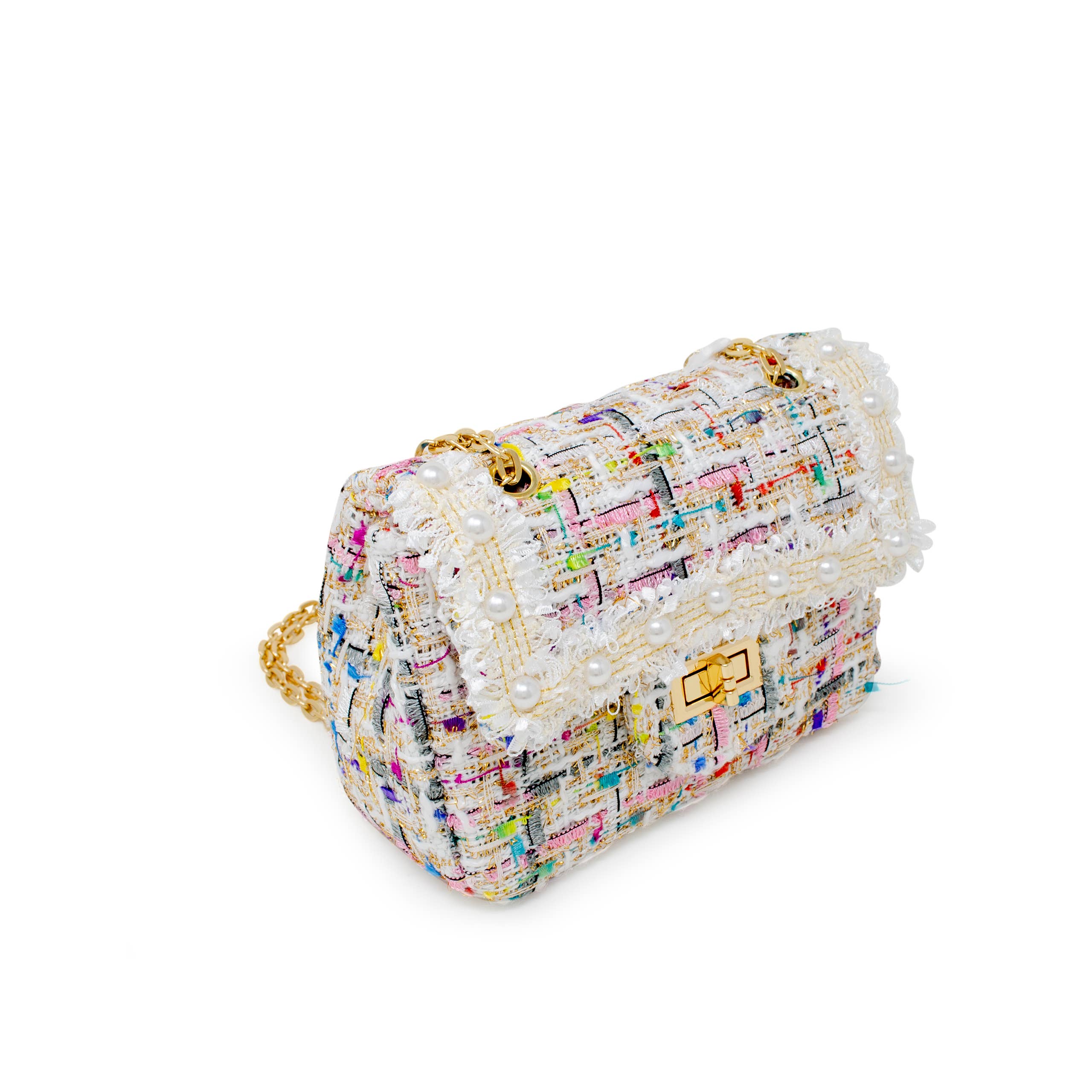 Classic Tweed Handbag with Pearls: Blue