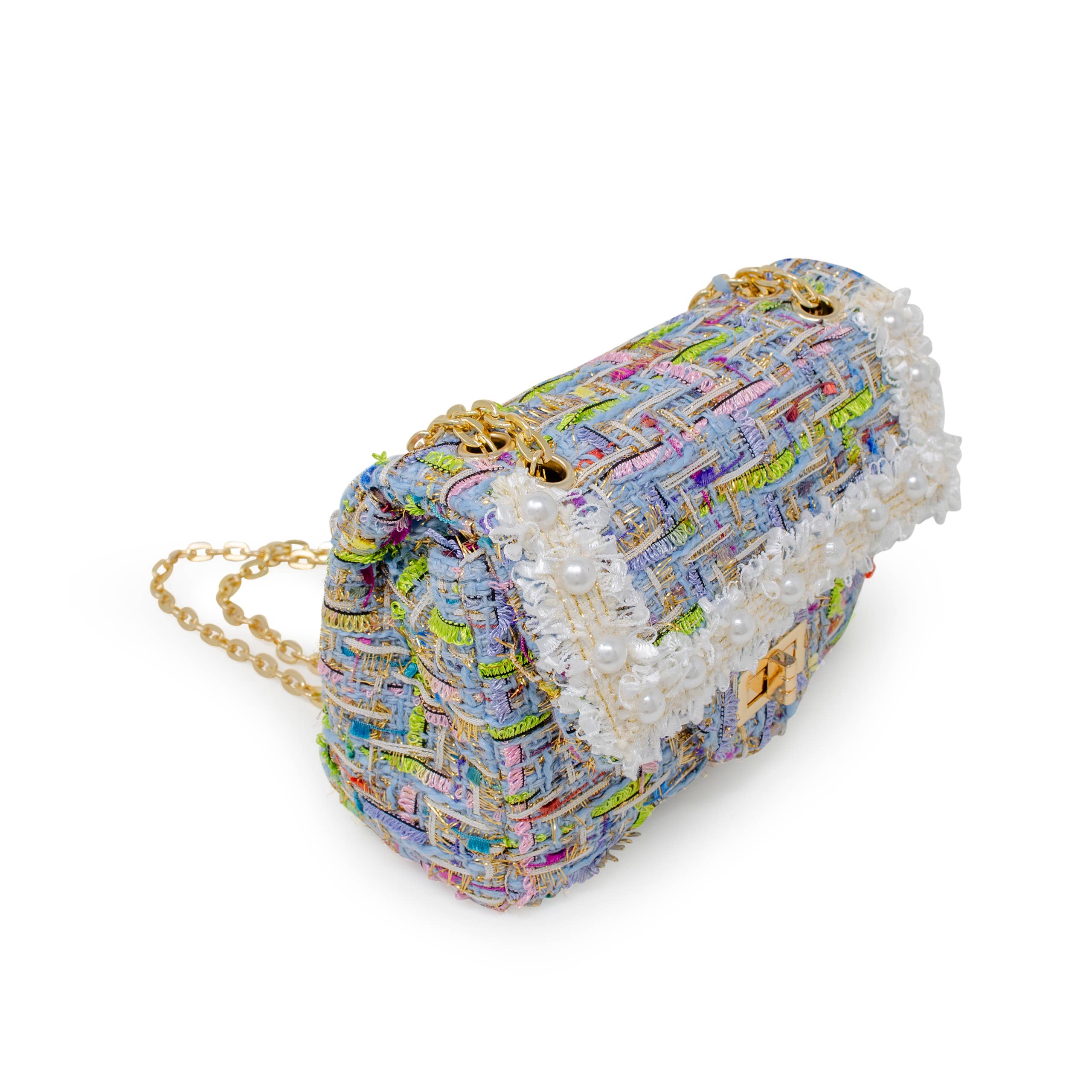 Classic Tweed Handbag with Pearls: Blue