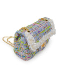 Classic Tweed Handbag with Pearls: Blue