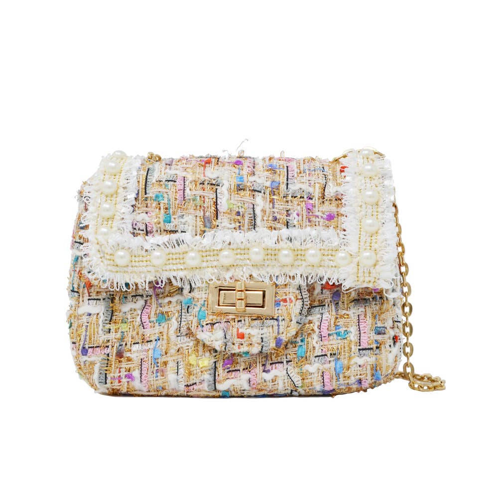 Classic Tweed Handbag with Pearls: Blue