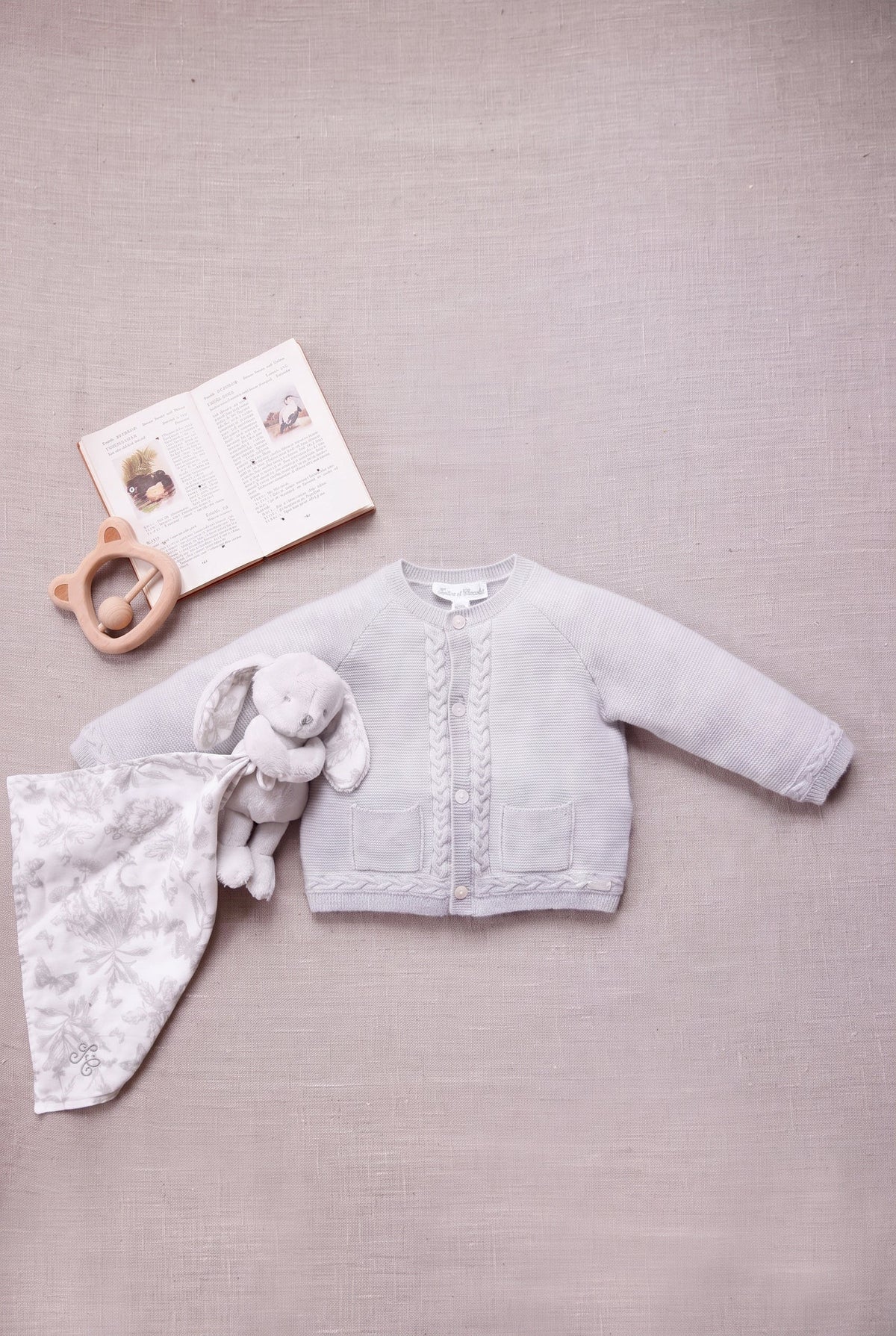 Grey Wool Cashmere Cableknit Trim Cardigan