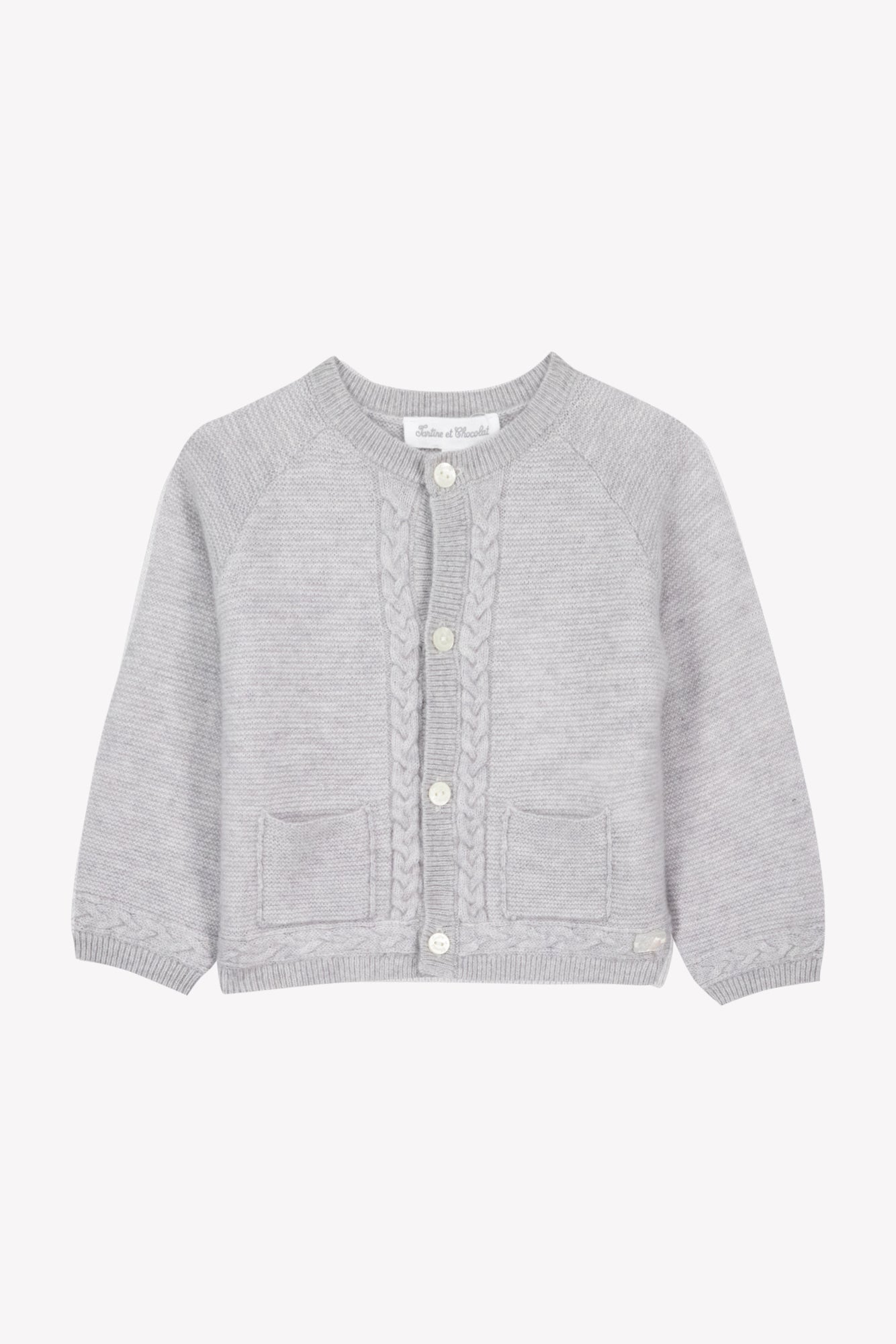 Grey Wool Cashmere Cableknit Trim Cardigan