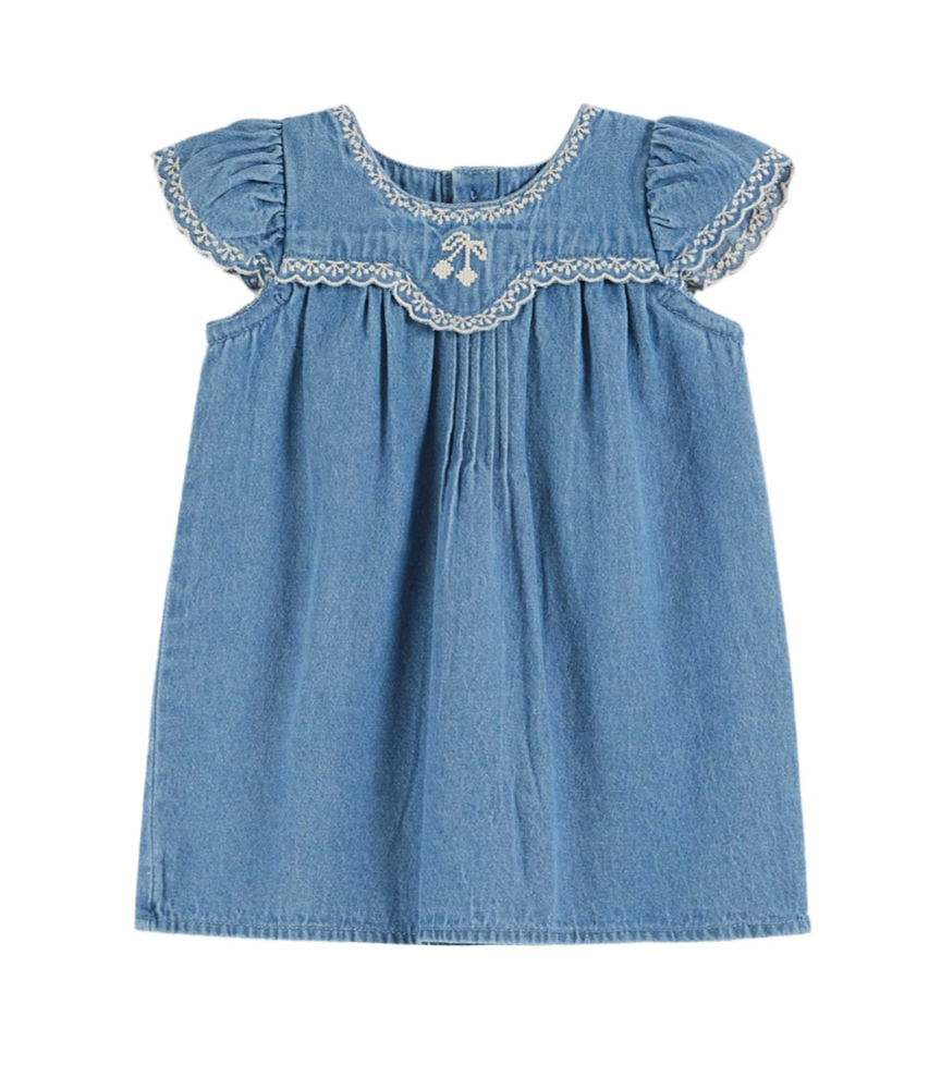 Denim Cherry Embroidered Baby Dress