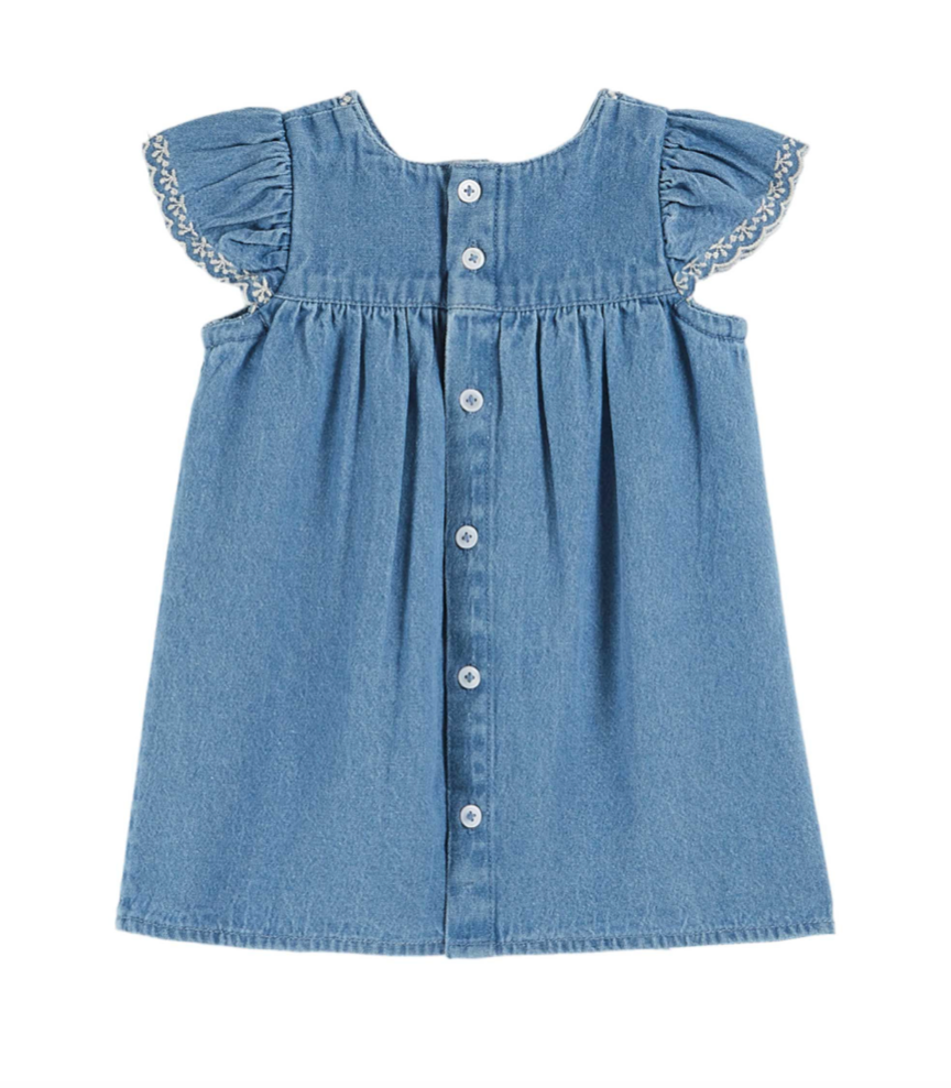 Denim Cherry Embroidered Baby Dress