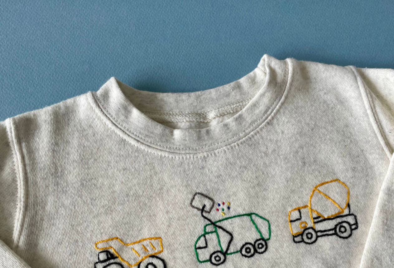 Truck Trio Hand Embroidered Heathered Cream Sweatshirt