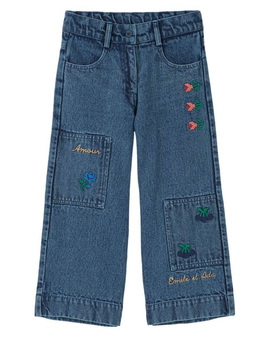 Embroidered Wide Leg Jeans