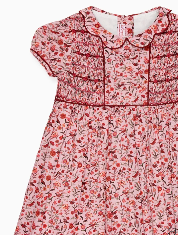 Pink Bird Floral Scarlett Girl Hand-Smocked Dress | La Coqueta