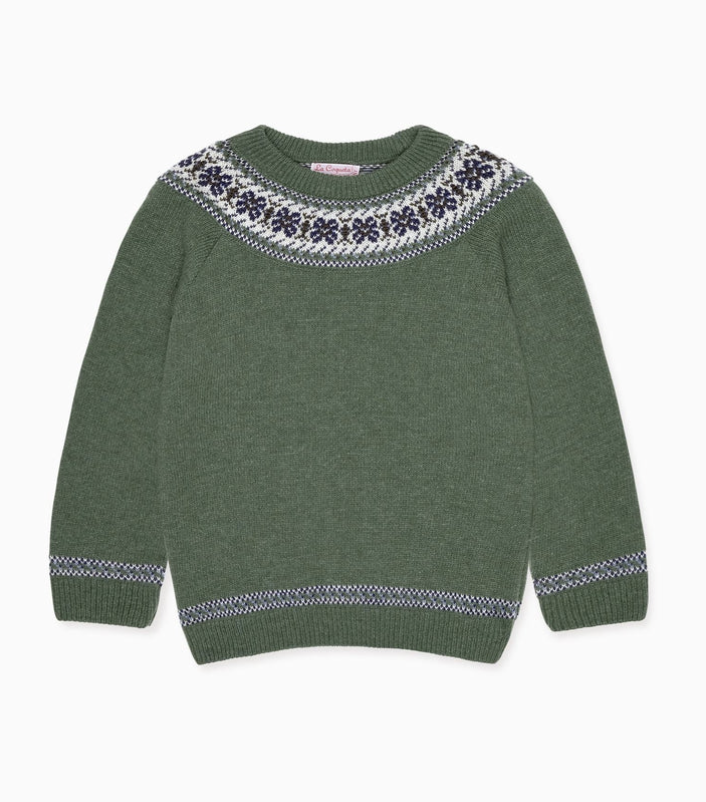 Olive Fair Isle Merino Kids Jumper | La Coqueta
