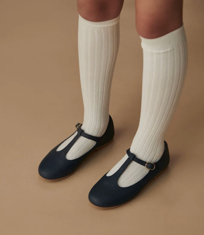 Off White Ribbed Knee High Kids Socks | La Coqueta