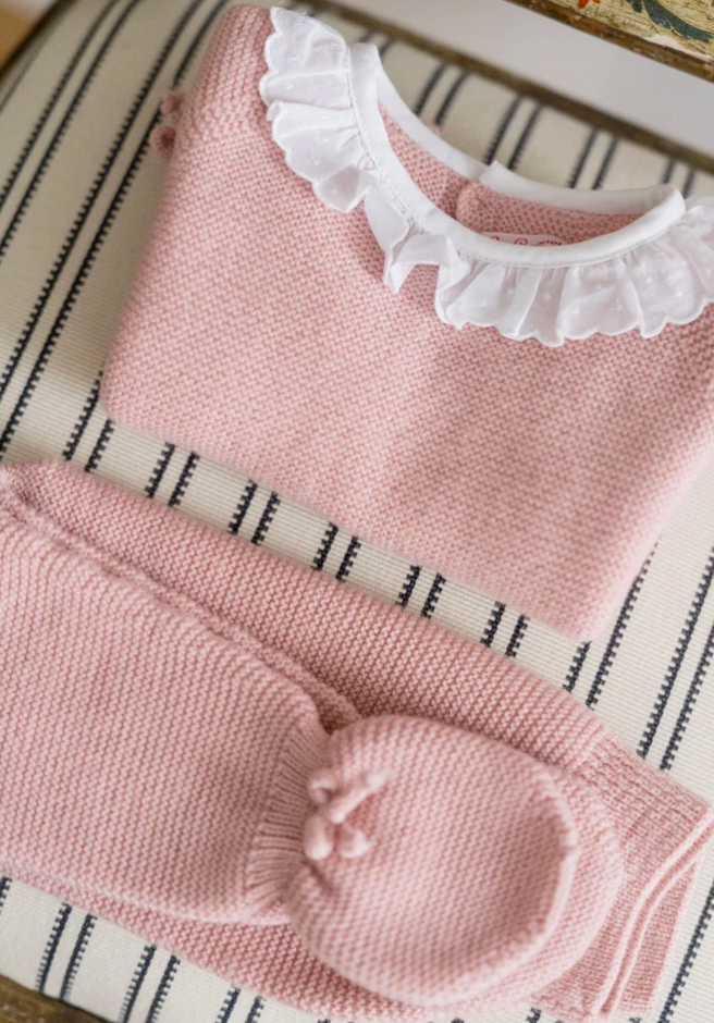 Dusty Pink Leonor Merino Baby Girl Knitted Set | La Coqueta