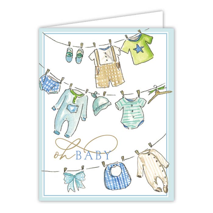 Oh Baby!  Blue Baby Clothesline Greeting Card