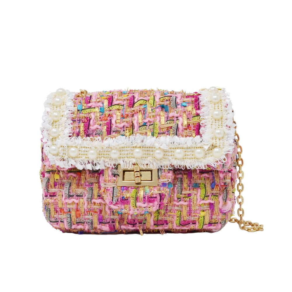 Classic Tweed Handbag with Pearls: Blue